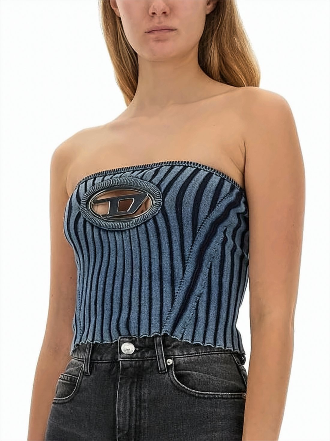 Strapless Ribbed Knit Top with Cutout