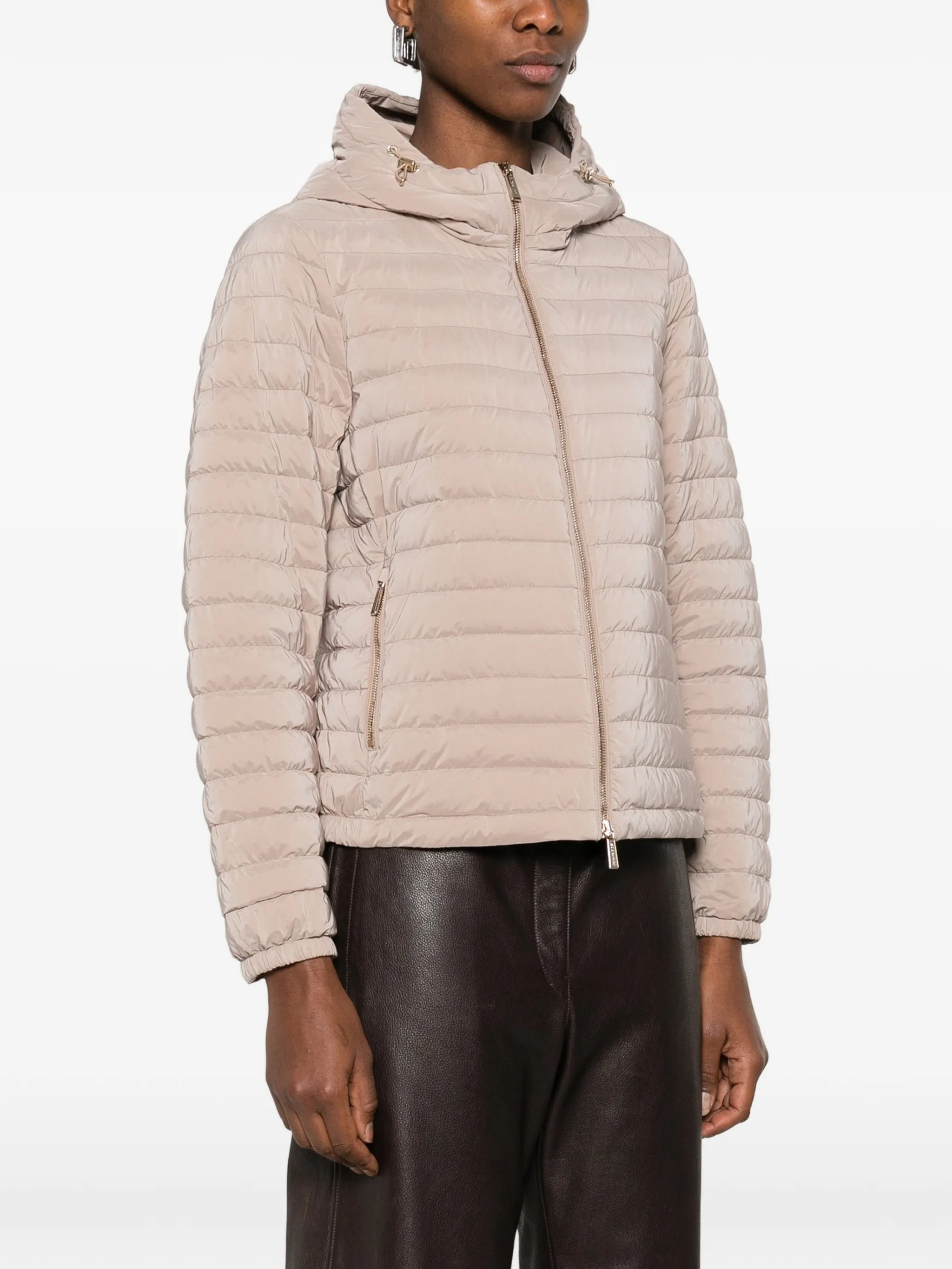 Neutral Quilted Hooded Jacket With Cropped Fit