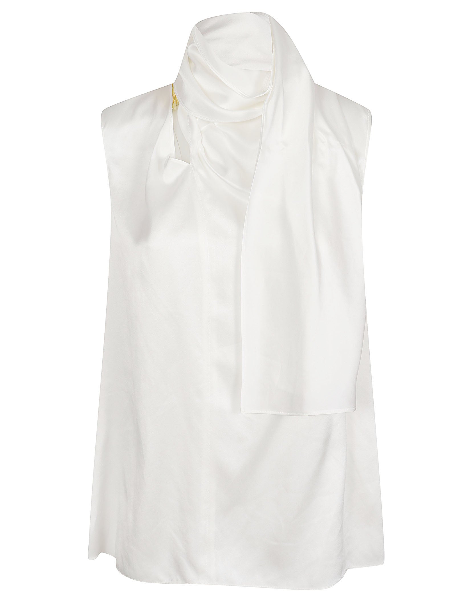 Sleeveless Silk Top with Draped Neckline and Flowing Detail