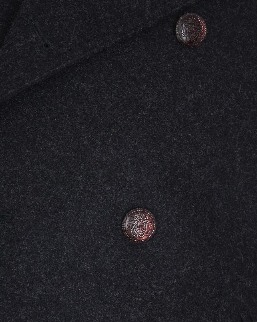 Double-Breasted Black Wool Blend Coat With Large Notch Lapel