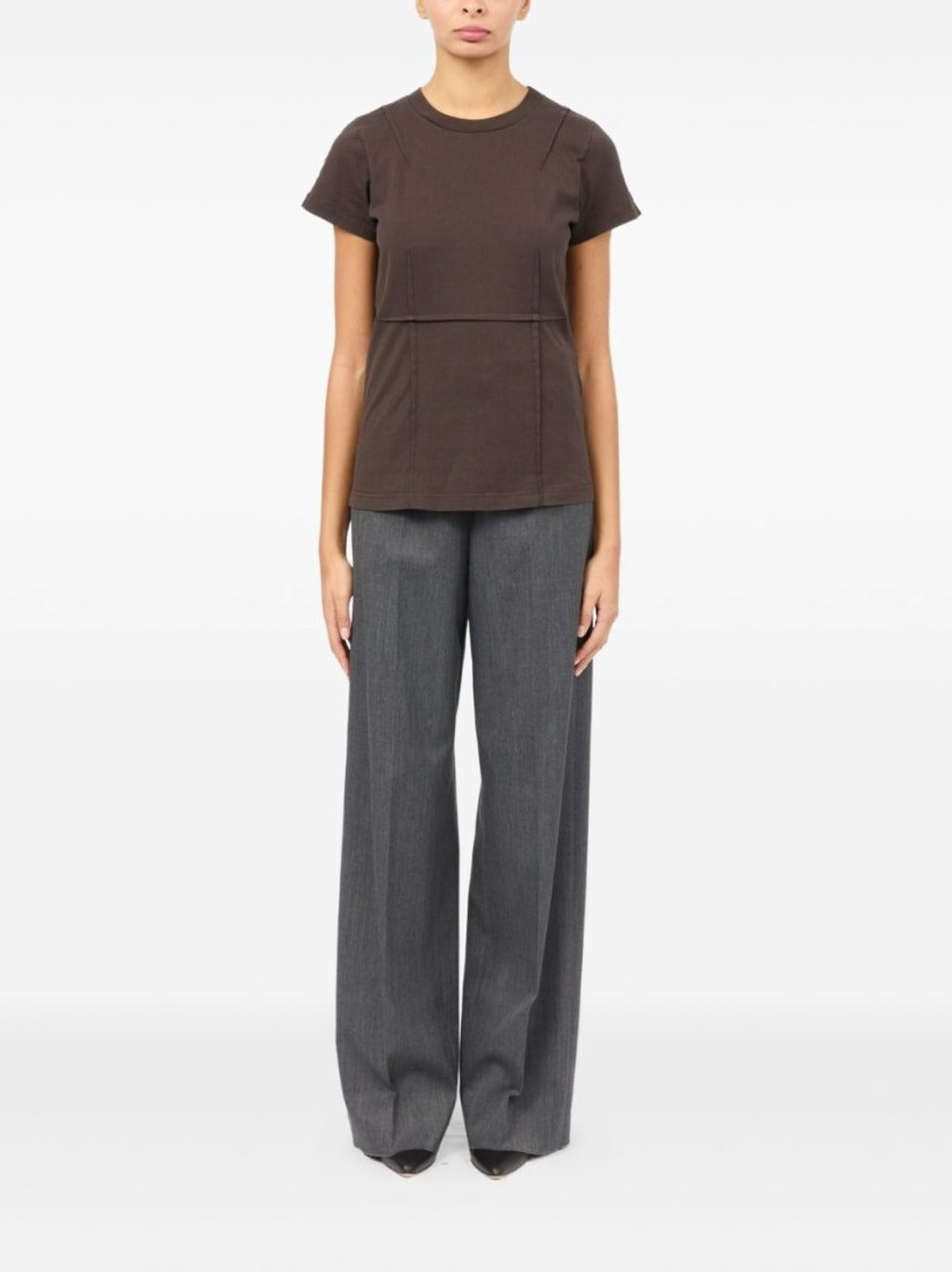 Structured Brown Cotton T-Shirt With Seam Detailing