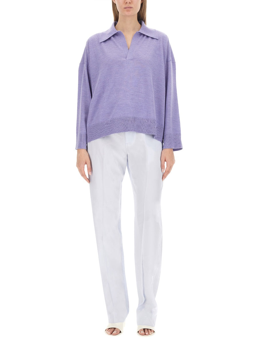 Oversized Wool Polo Shirt with Classic Collar