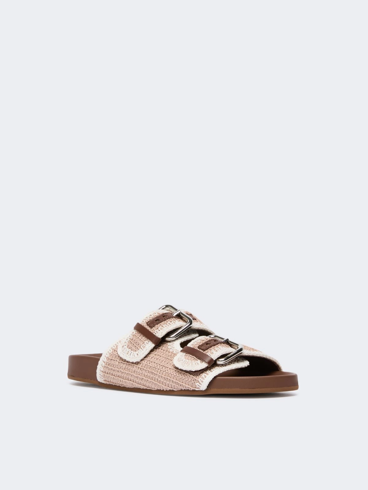Beige Woven Slide Sandals with Silver Buckle Accents