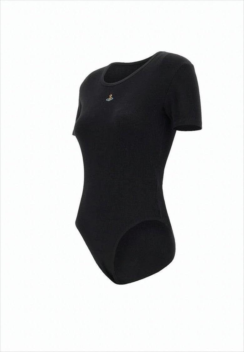 Fitted Ribbed Bodysuit with Minimalist Design and Emblem