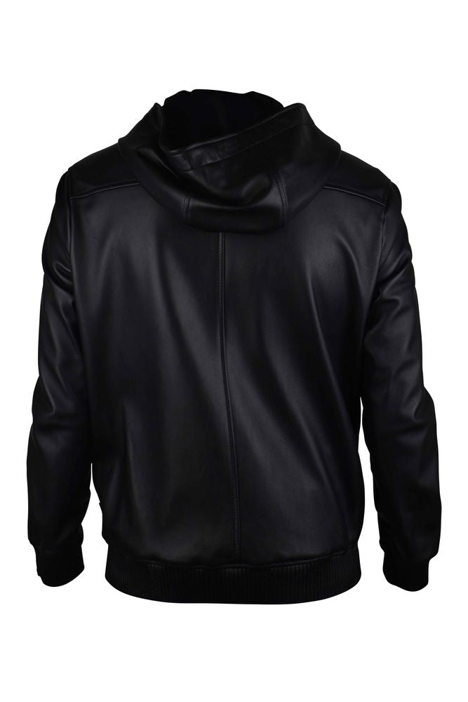 Smooth Black Leather Hooded Jacket