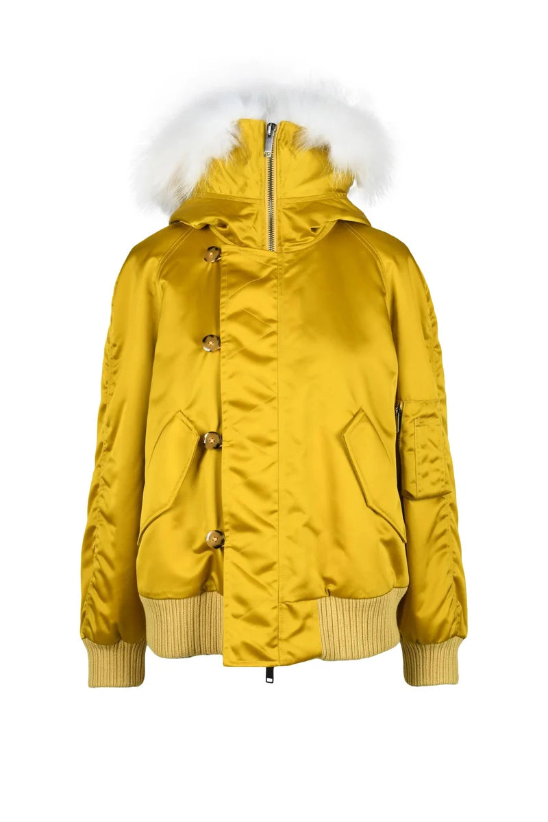 Padded Bomber Jacket Fur Hood - Black/Orange