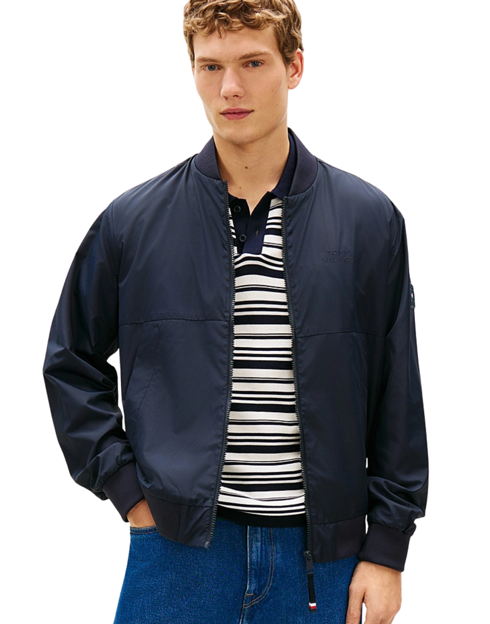 Water-Resistant Navy Bomber Jacket With Baseball Collar And Storm Flap