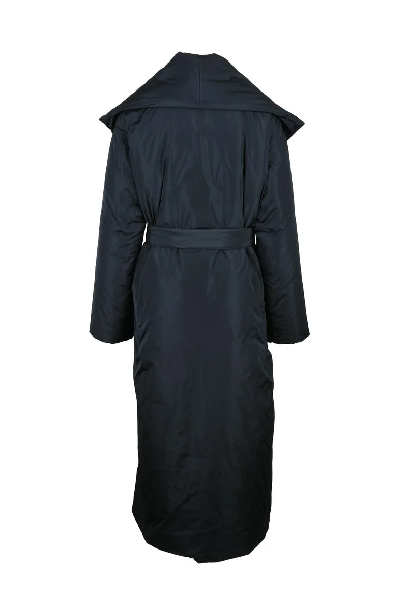 Long Down Jacket with Belt - Black