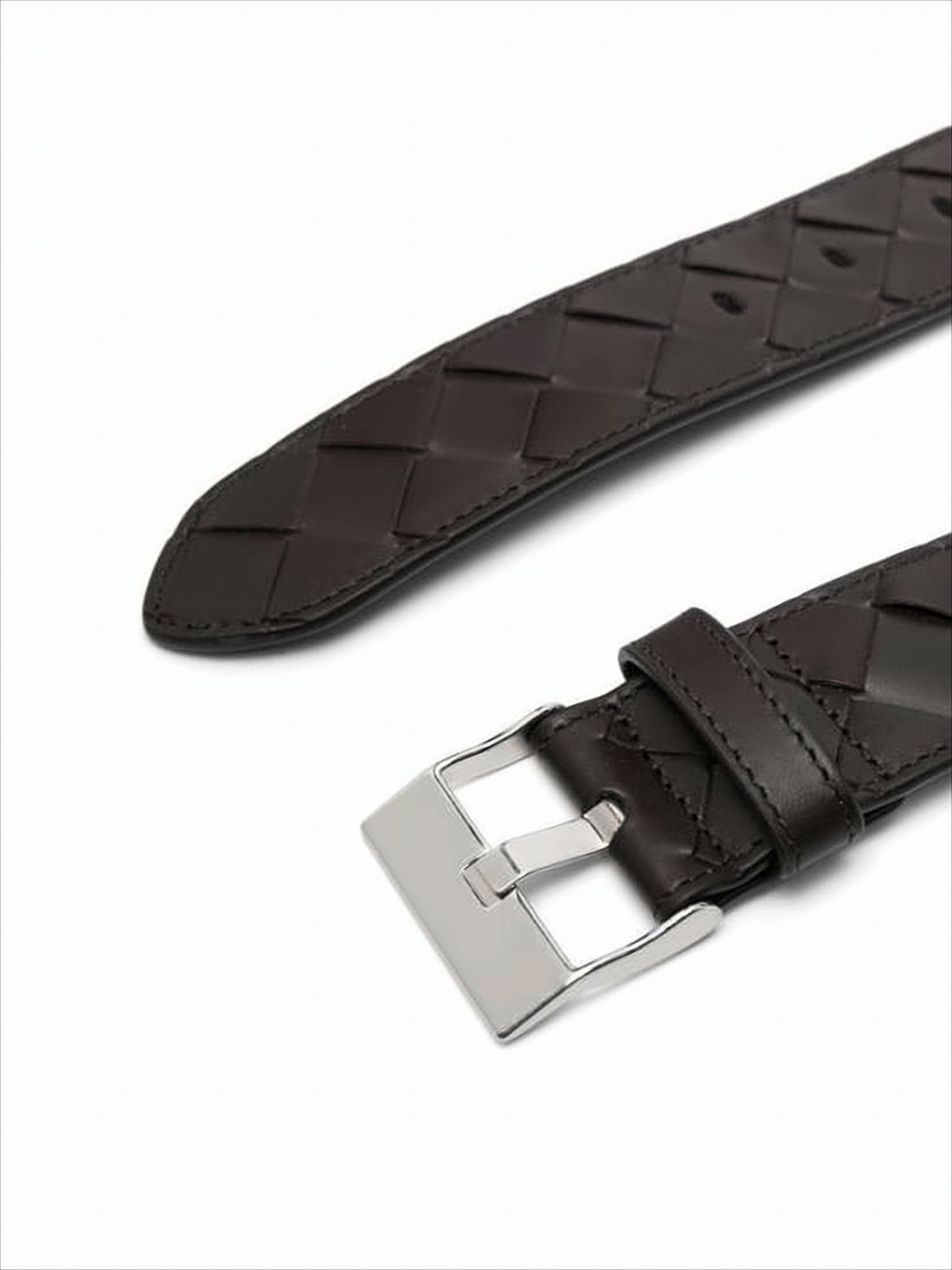 Woven Calf Leather Belt With Rectangular Silver Buckle