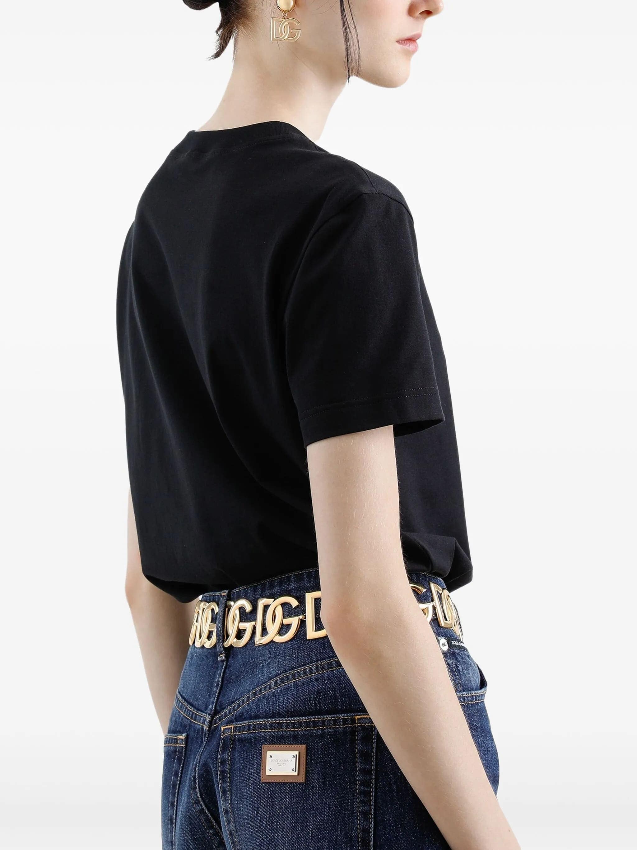 Black Jersey Cotton White Embroidered T-Shirt