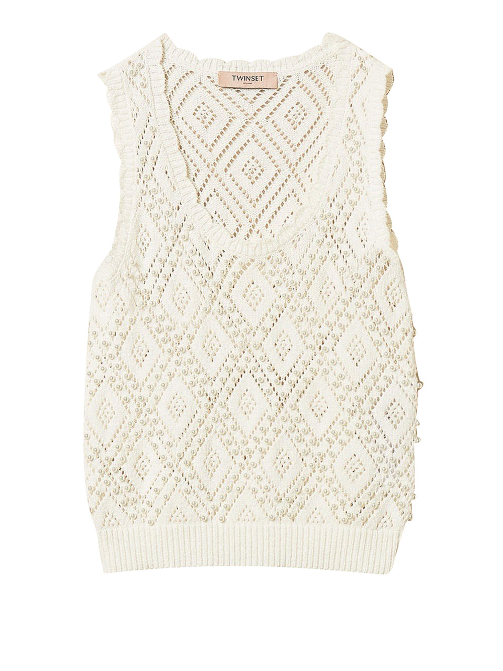 Openwork Knit Top with Pearl Embellishments