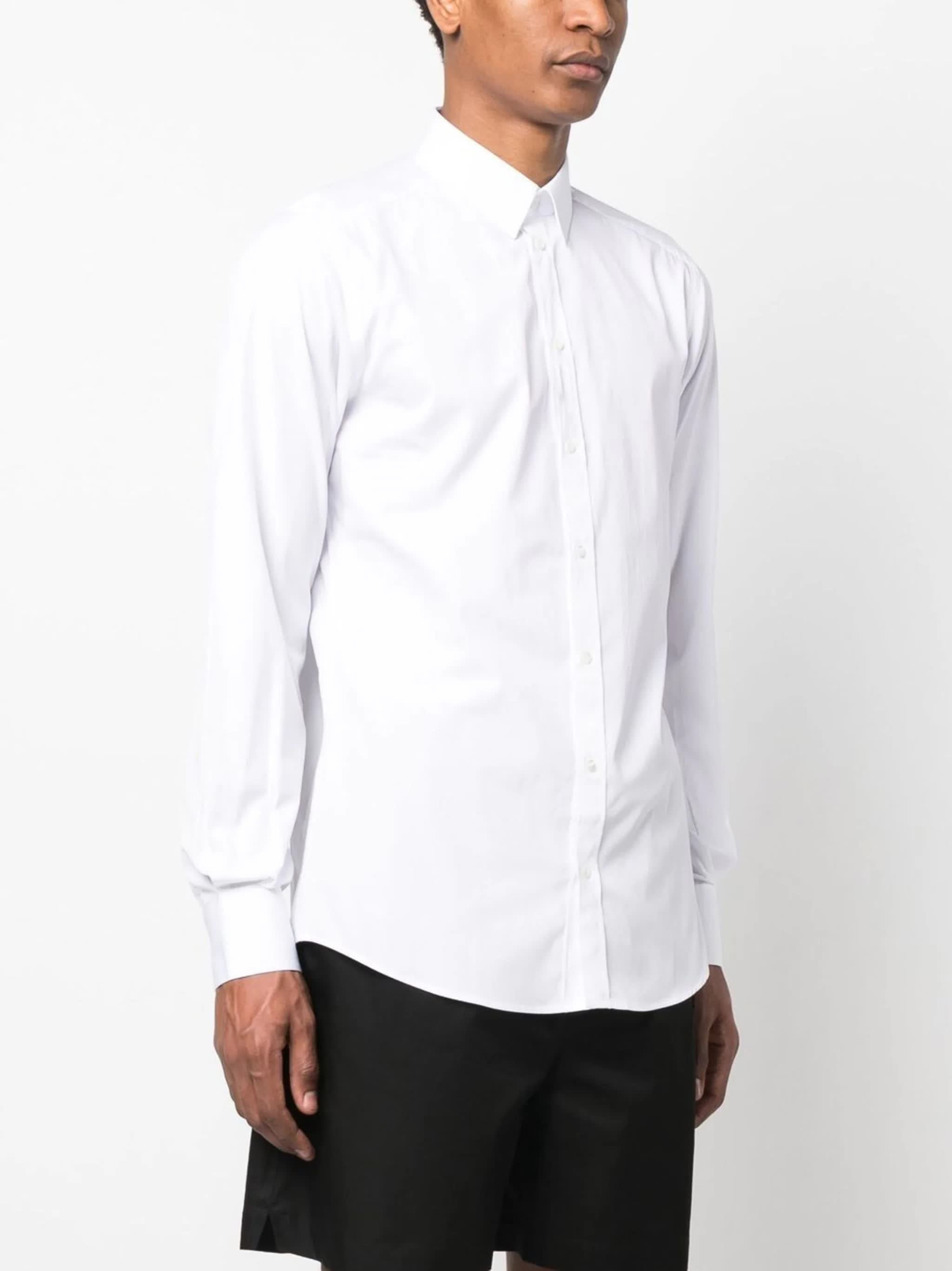 Fitted White Italian Collar Cotton Shirt