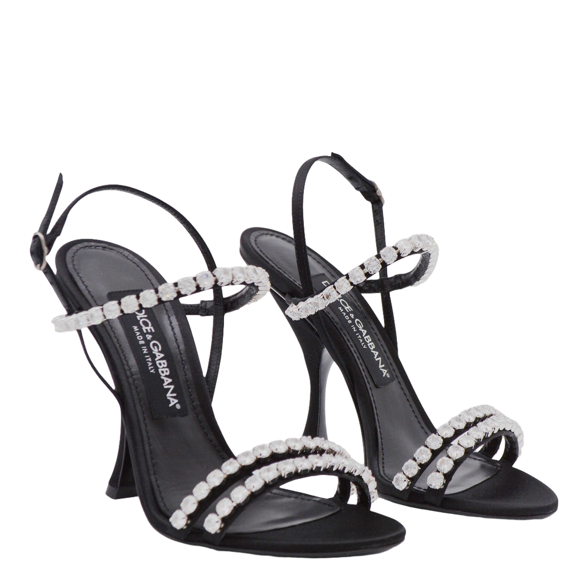 High-Heeled Black Sandals with Rhinestone Embellishments