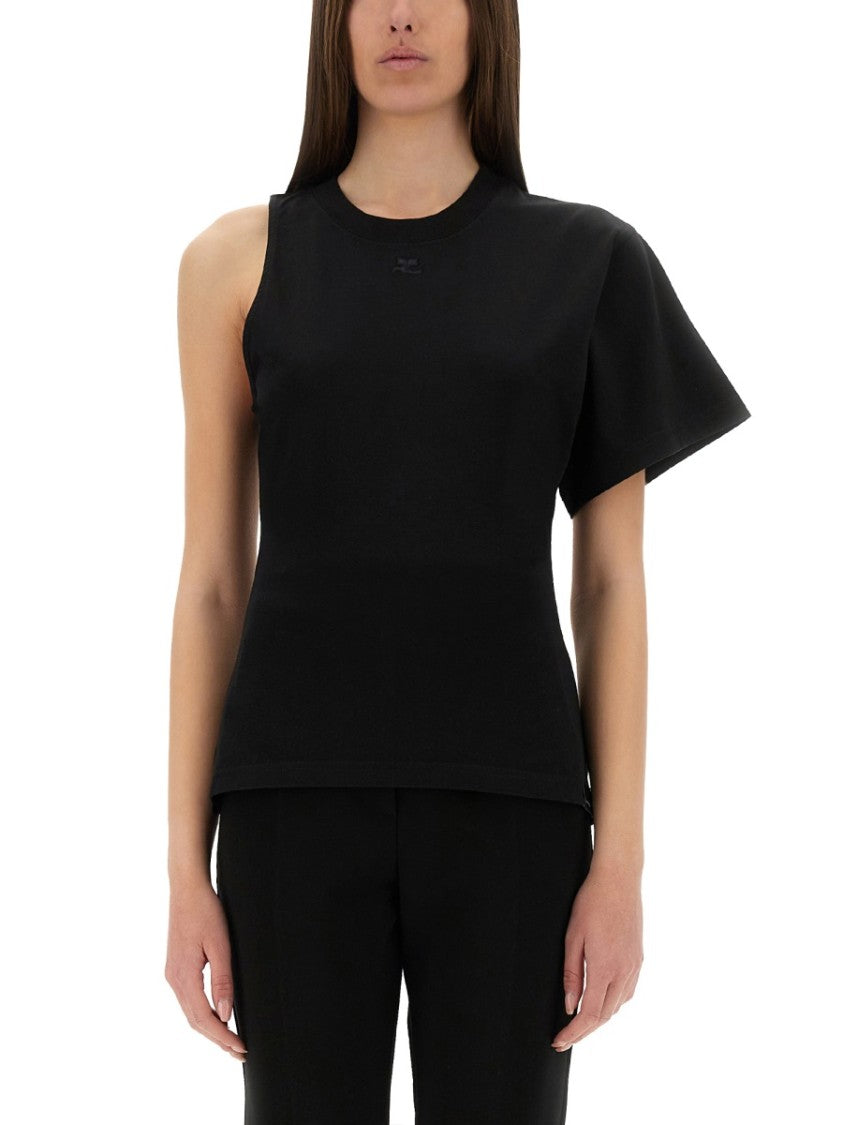 One-Shoulder Black T-Shirt In Soft Cotton