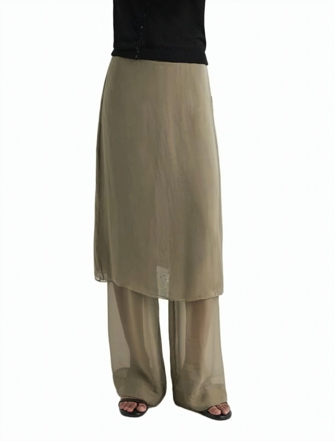 Silk Layered Wide-Leg Pants with Sheer Outer Panel