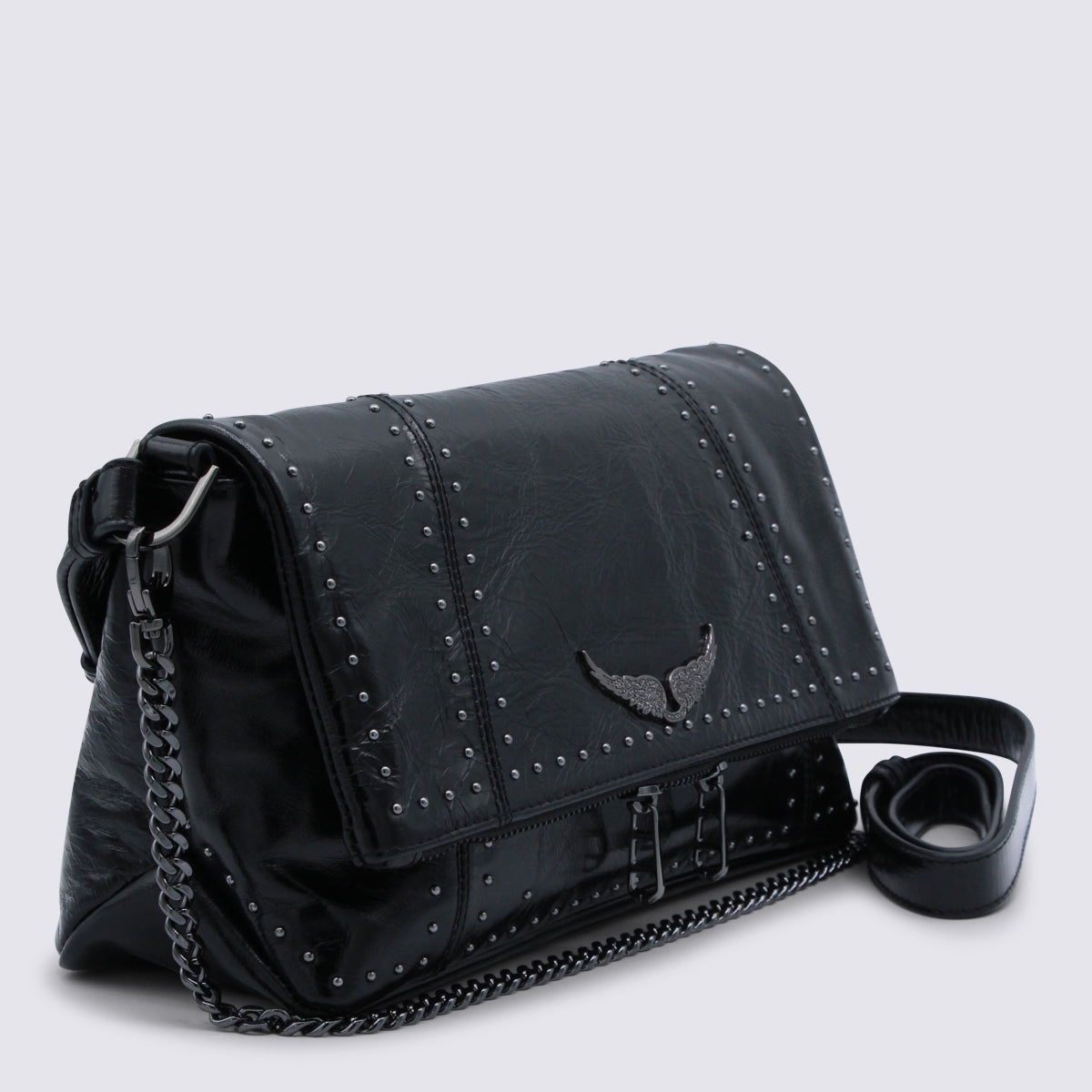 Black Leather Rock Ii Vintage Patent Studs Shoulder Bag