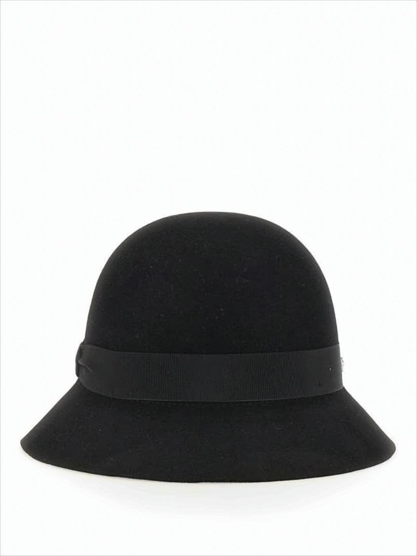 Cloche Hat In Black Merino Wool With Grosgrain Ribbon