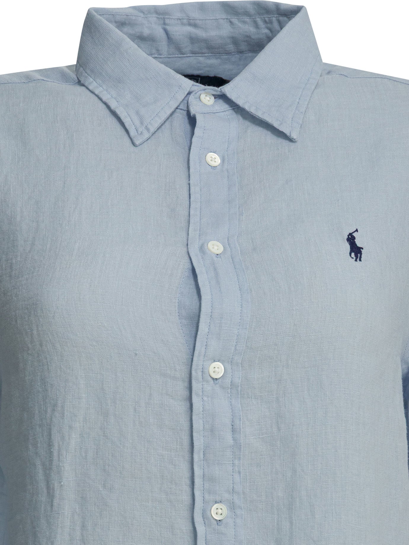 Light Blue Linen Shirt with Classic Collar and Embroidered Logo