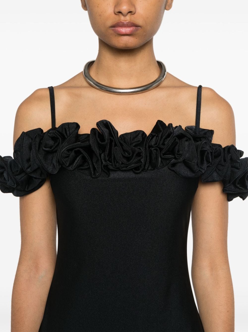 Ruffled Trim Black Midi Dress
