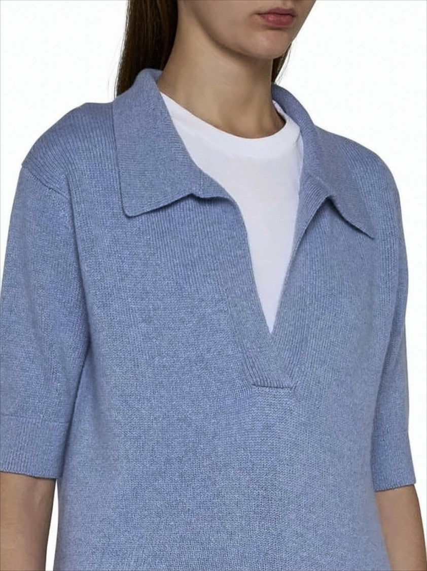 Short-Sleeved Cashmere Knit Sweater With V-Neckline