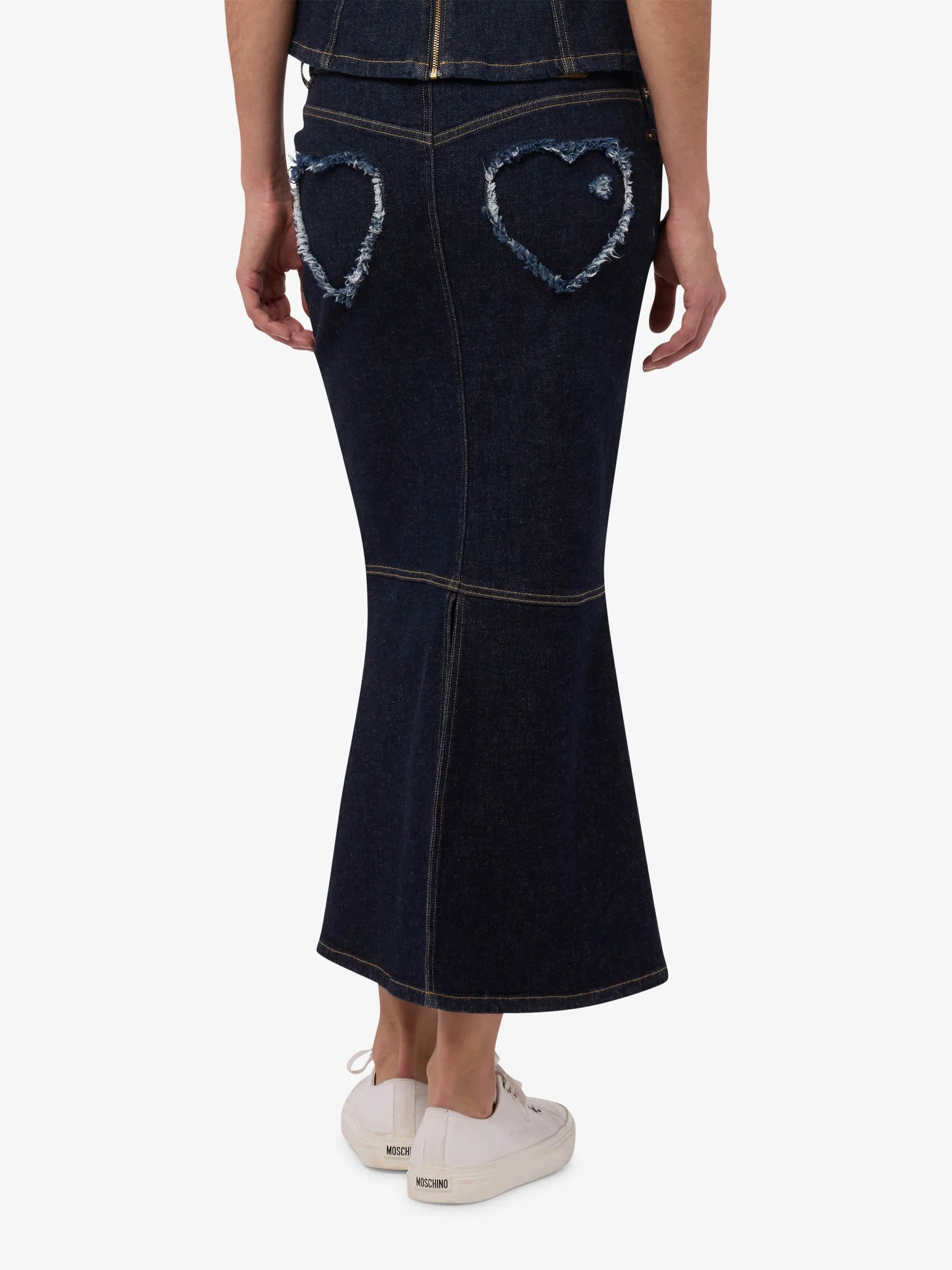 Blue Fitted Denim Midi Skirt With Hearts