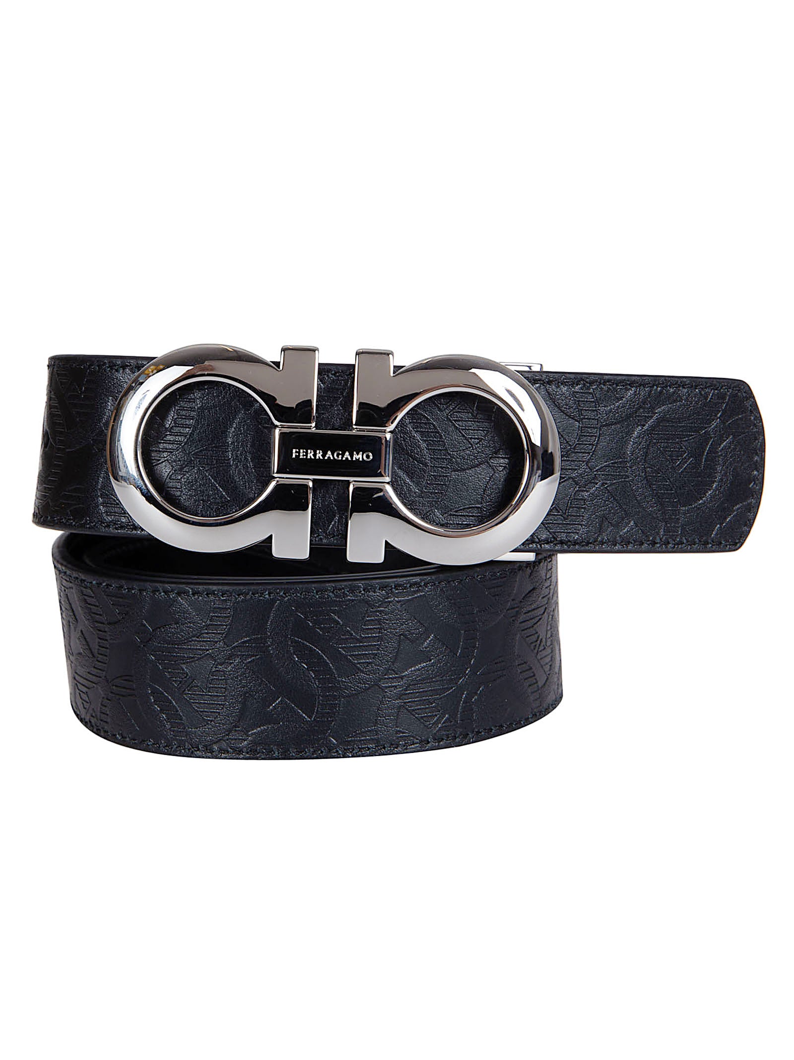 Embossed Black Leather Belt with Interlocking Buckle