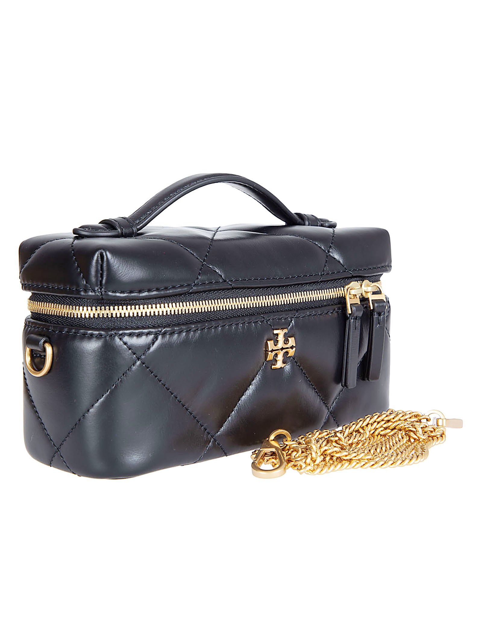 Quilted Black Vanity Wallet with Chain Strap and Signature Emblem