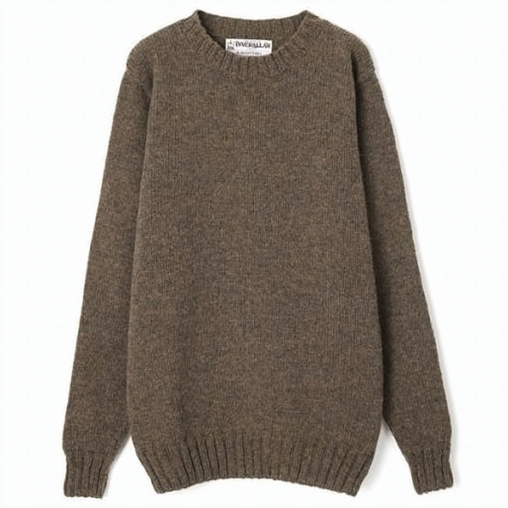 Textured Wool Knit Sweater with Crew Neckline and Ribbed Cuffs