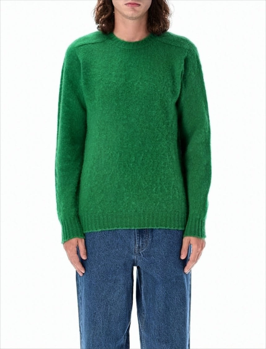 Solid Green Wool Sweater With Classic Crew Neckline