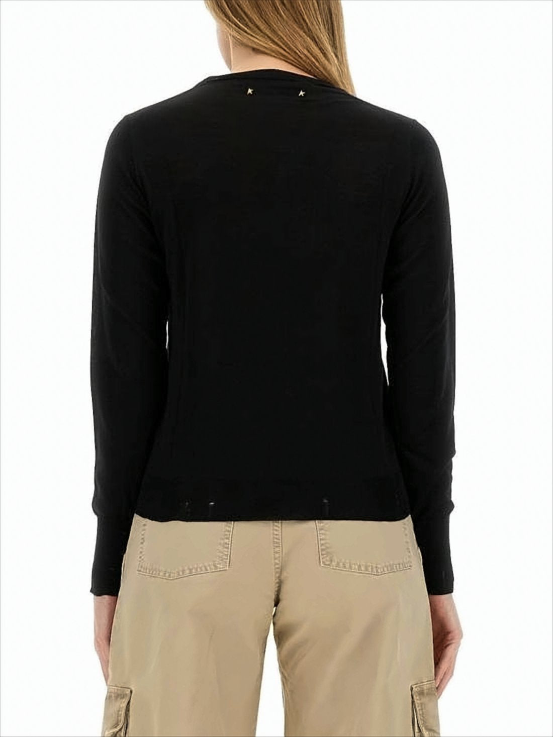 Long-Sleeved Fitted Black Wool Sweater with Star Embellishments