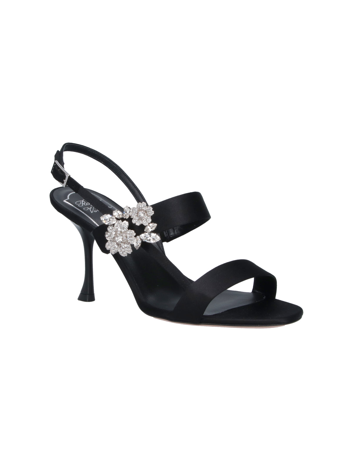 Black Efflorescence Crystal Satin Open-Toe Sandals