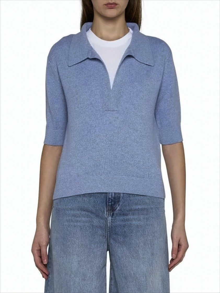 Short-Sleeved Cashmere Knit Sweater With V-Neckline