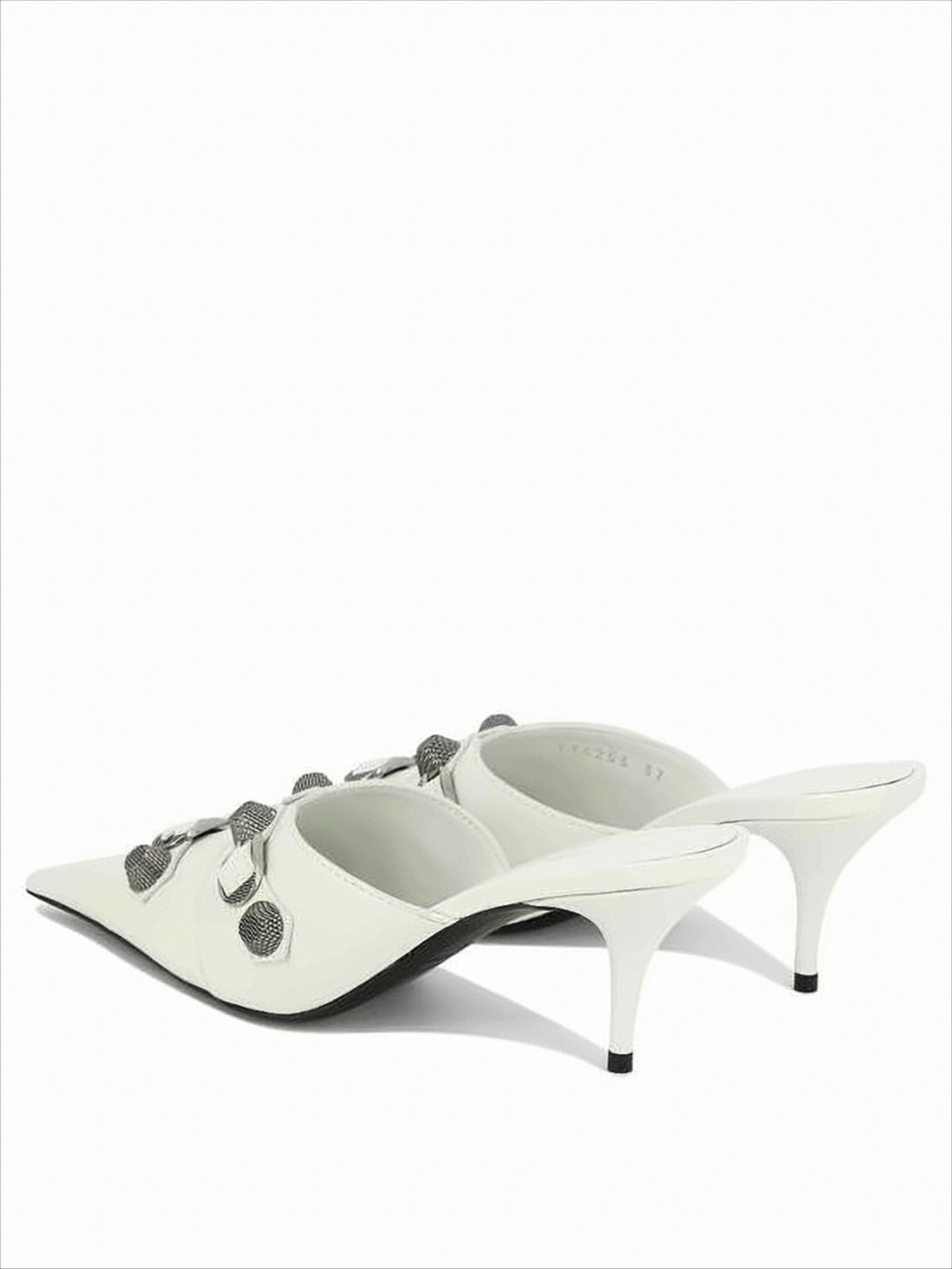 White Pointed Toe Mule with Decorative Buckle and Stud Accents