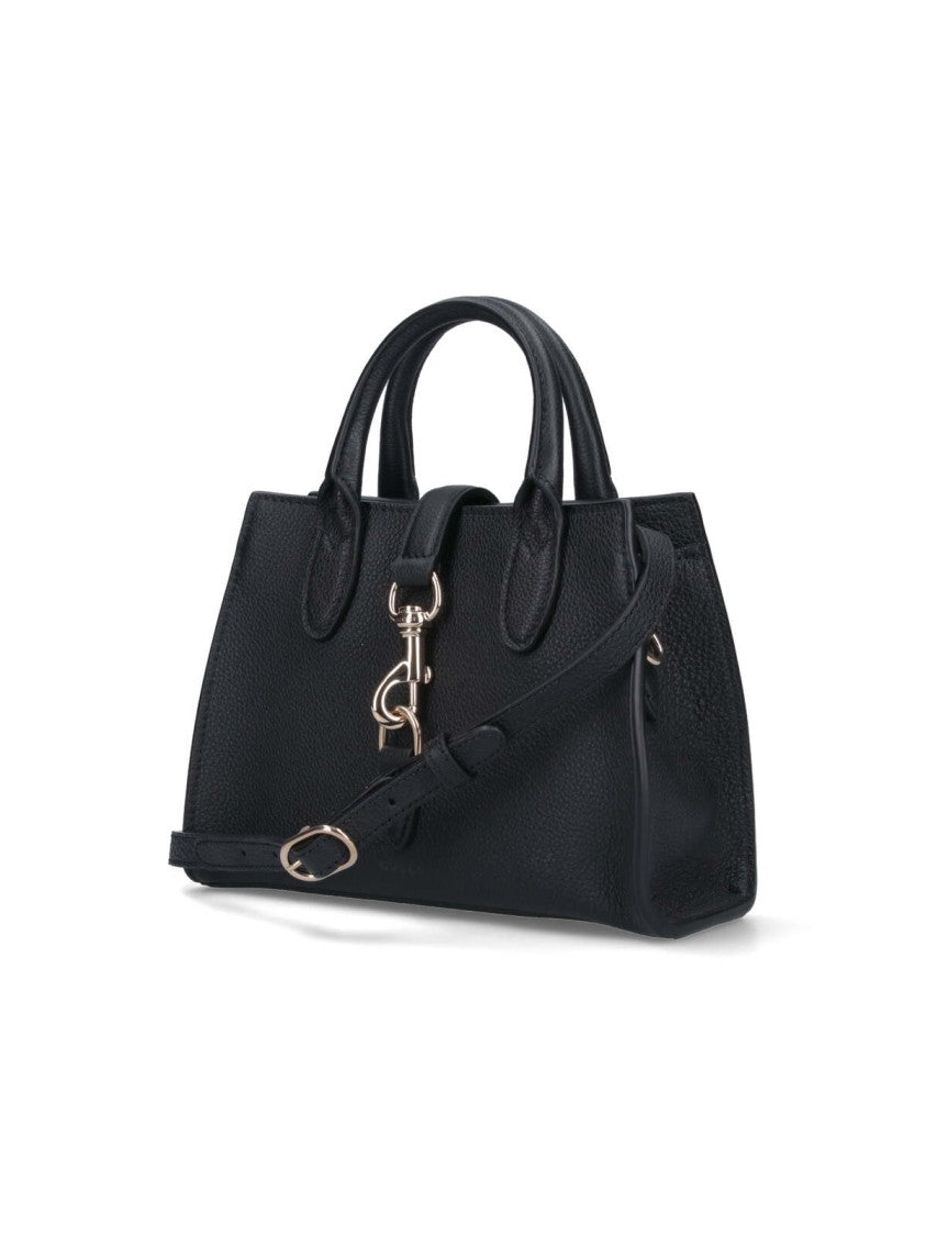 Textured Black Leather Small Tote Bag With Rigid Top Handles