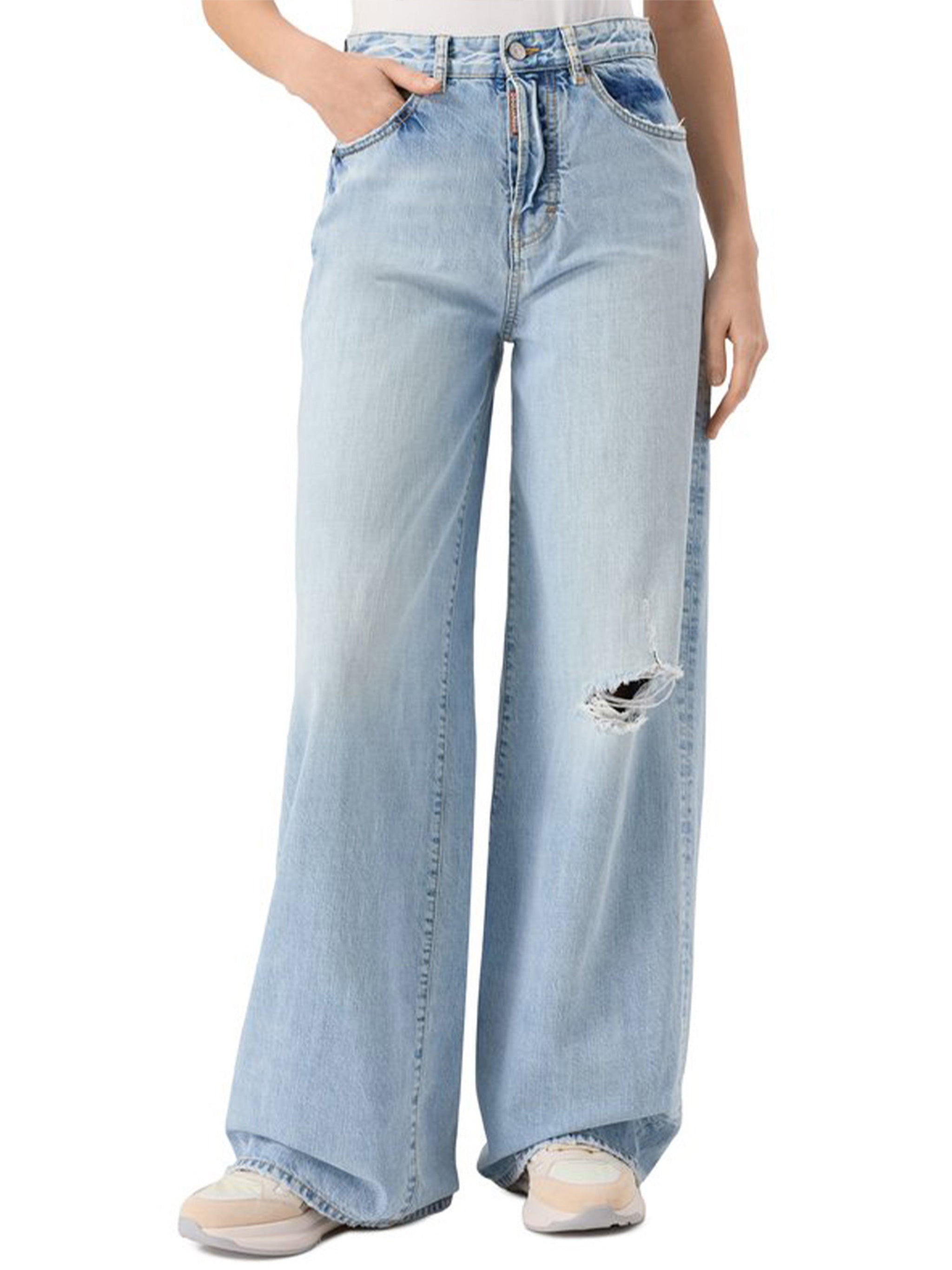 Light Blue Wide-Leg Distressed Denim Jeans