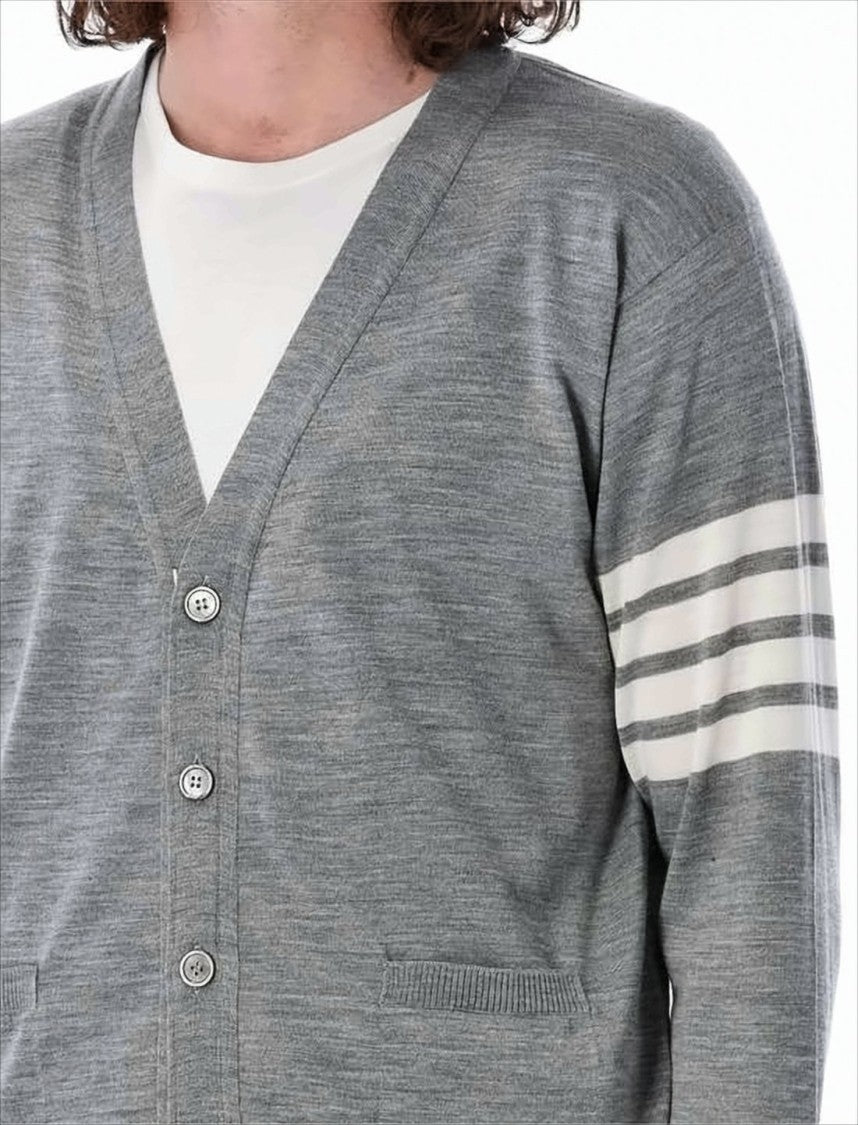 Medium Grey Wool Cardigan with Distinctive Stripe Detail