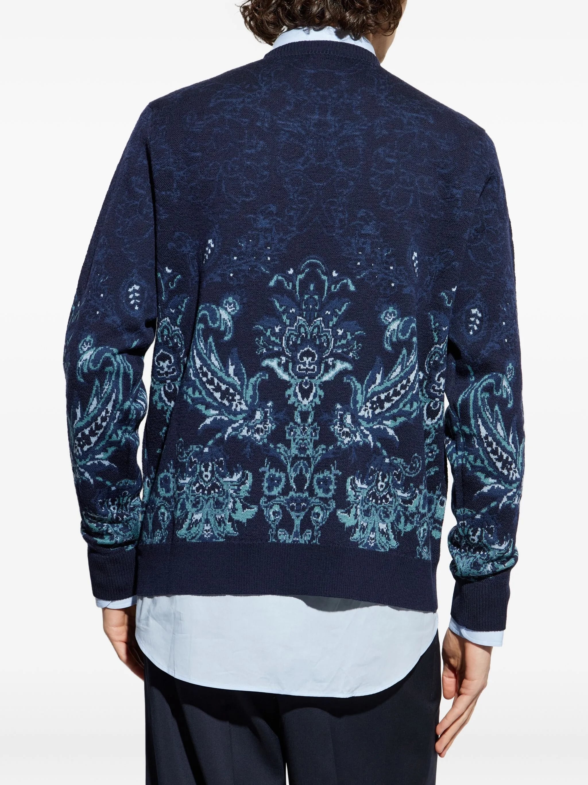 Jacquard Floral Navy Wool Knit Sweater