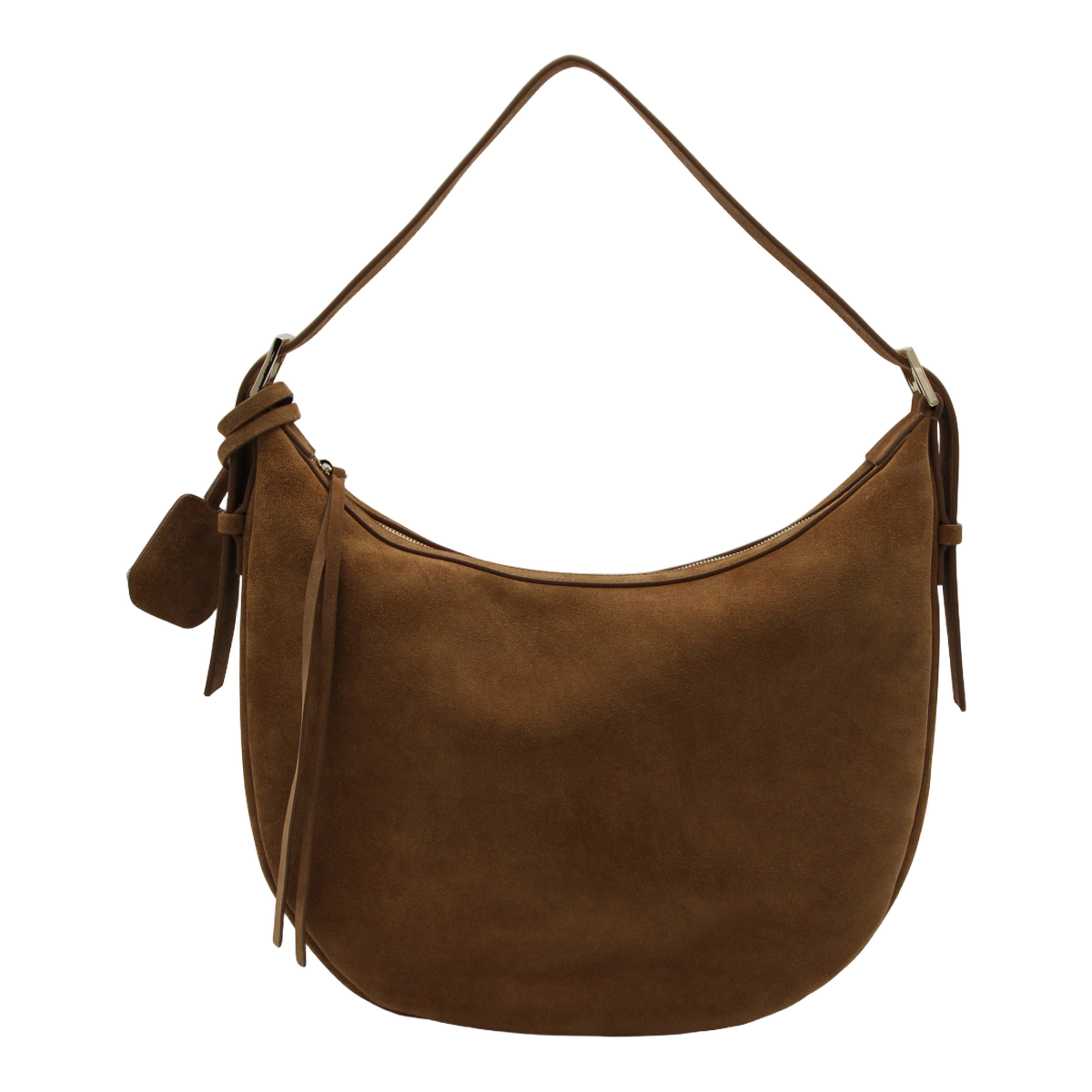 Crescent-Shaped Brown Suede Bag with Adjustable Strap