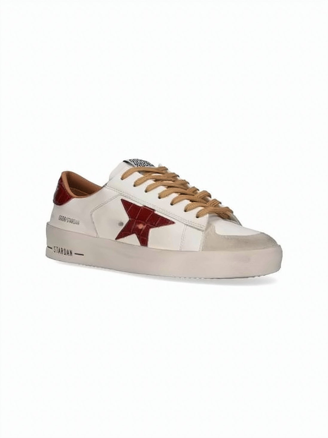 White Scuffed Leather Dark Red Star Sneakers