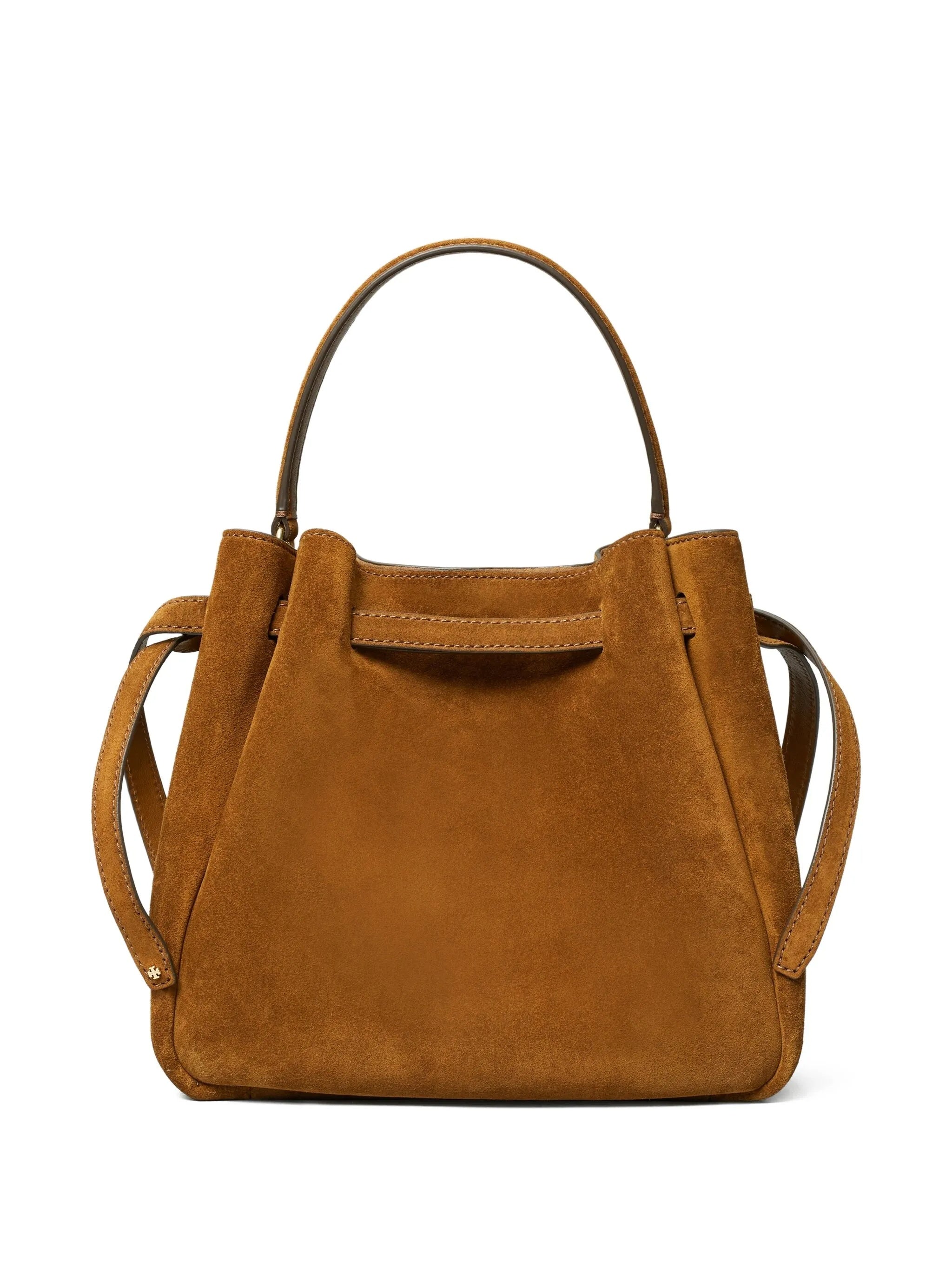 Structured Suede Brown Bucket Bag with Gold Accents