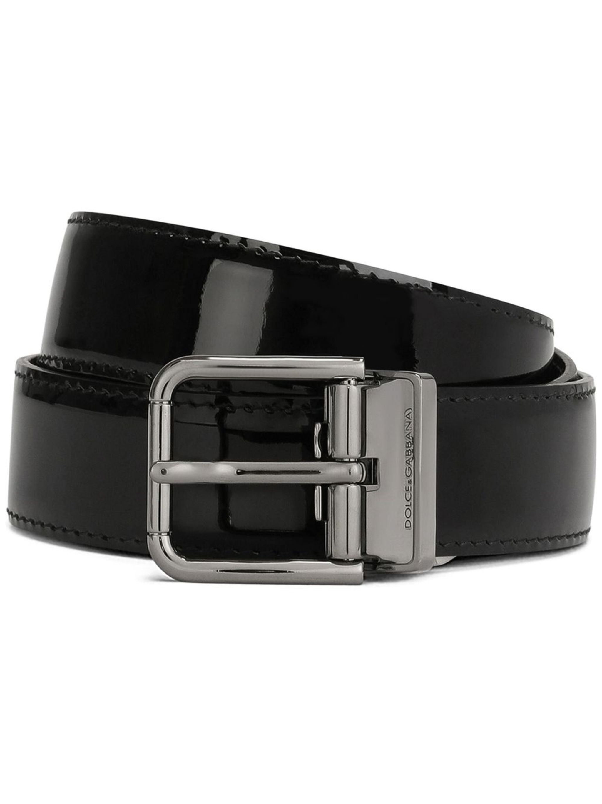 Lacquered Black Calf Leather Roller Belt
