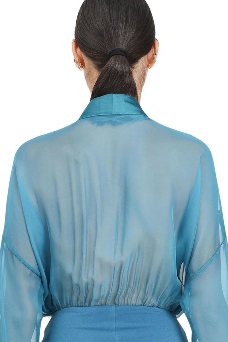 Deep V-Neck Bodysuit with Sheer Sleeves