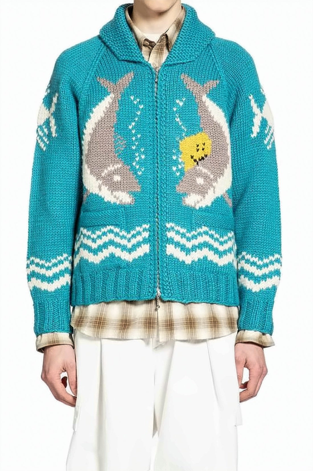 Chunky Knit Cardigan with Dolphin Motifs