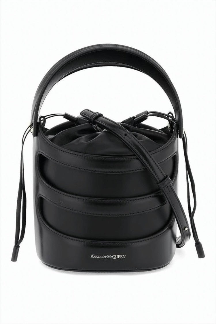 Layered Black Lambskin Crossbody Bag with Drawstring Closure