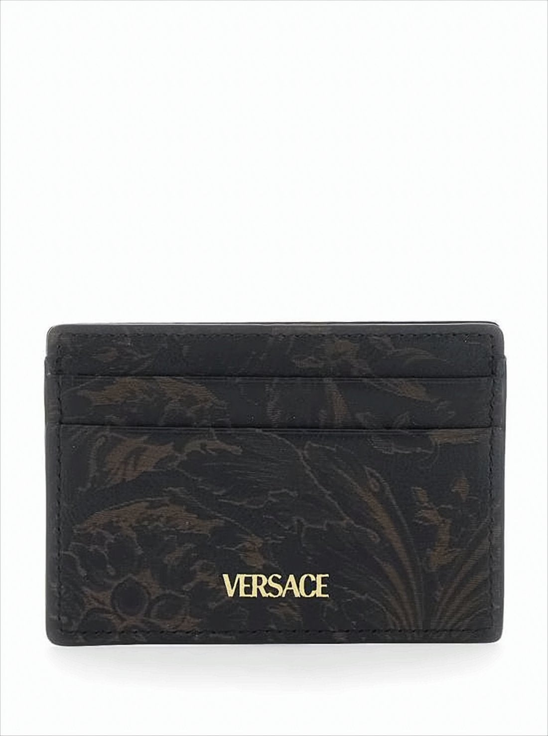 Textured Leather Card Holder with Medusa Emblem