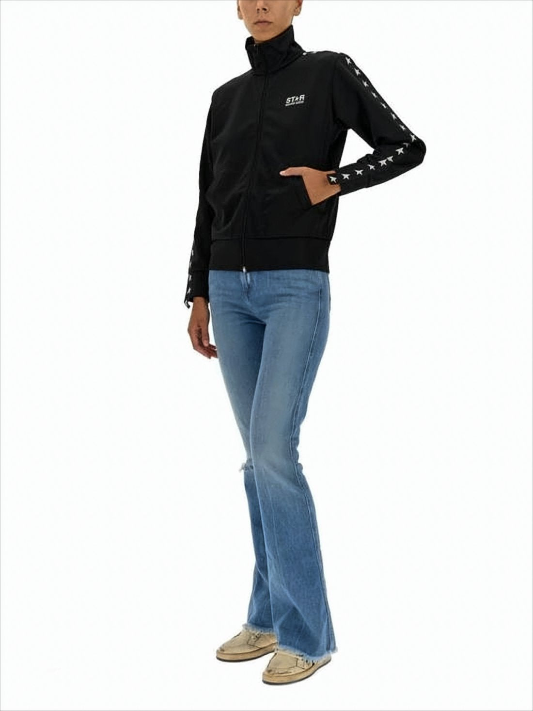 Black Zip-Up Track Jacket With Logo And Star Motifs