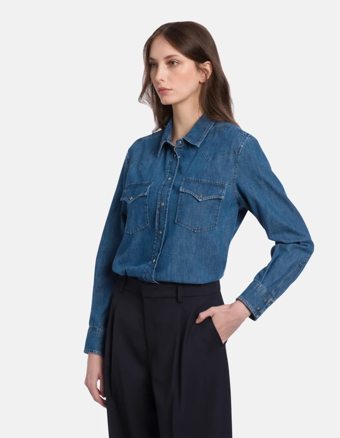 Medium Blue Wash Denim Shirt with Button-Down Front