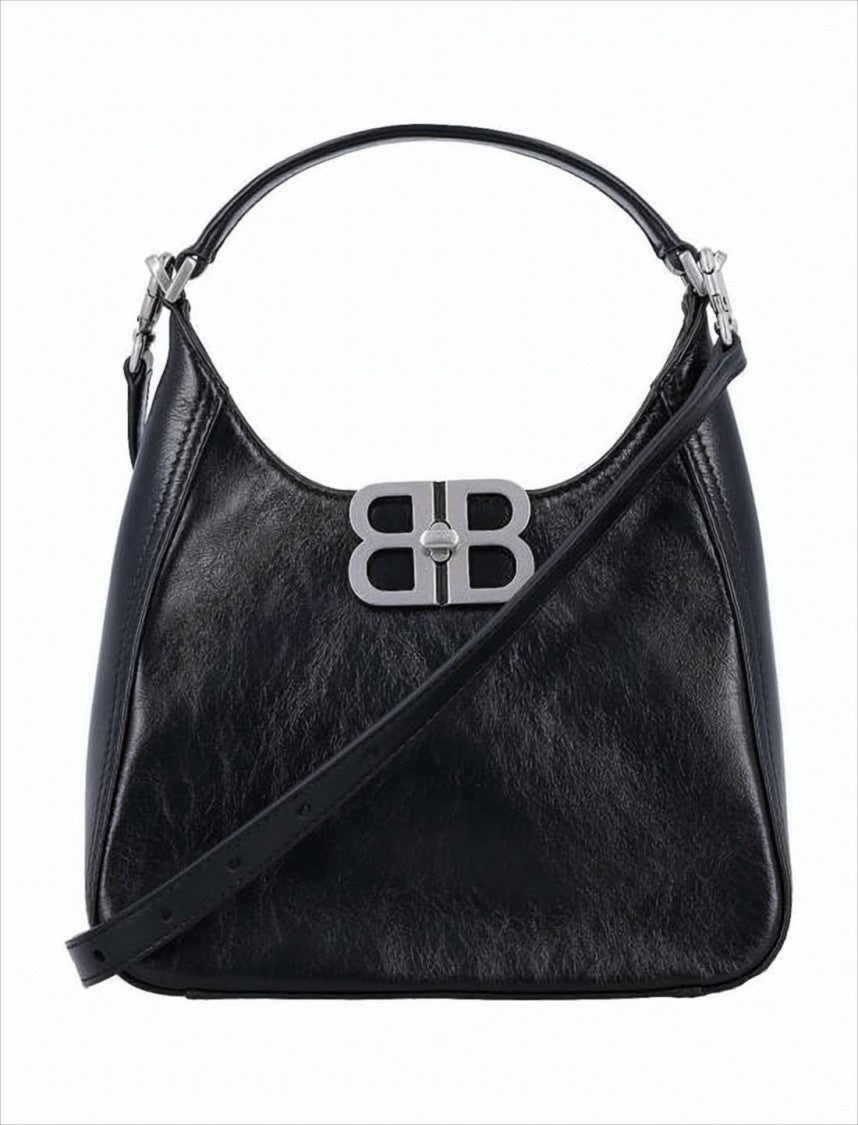 Structured Black Leather Tote Bag with Metallic Double-B Logo