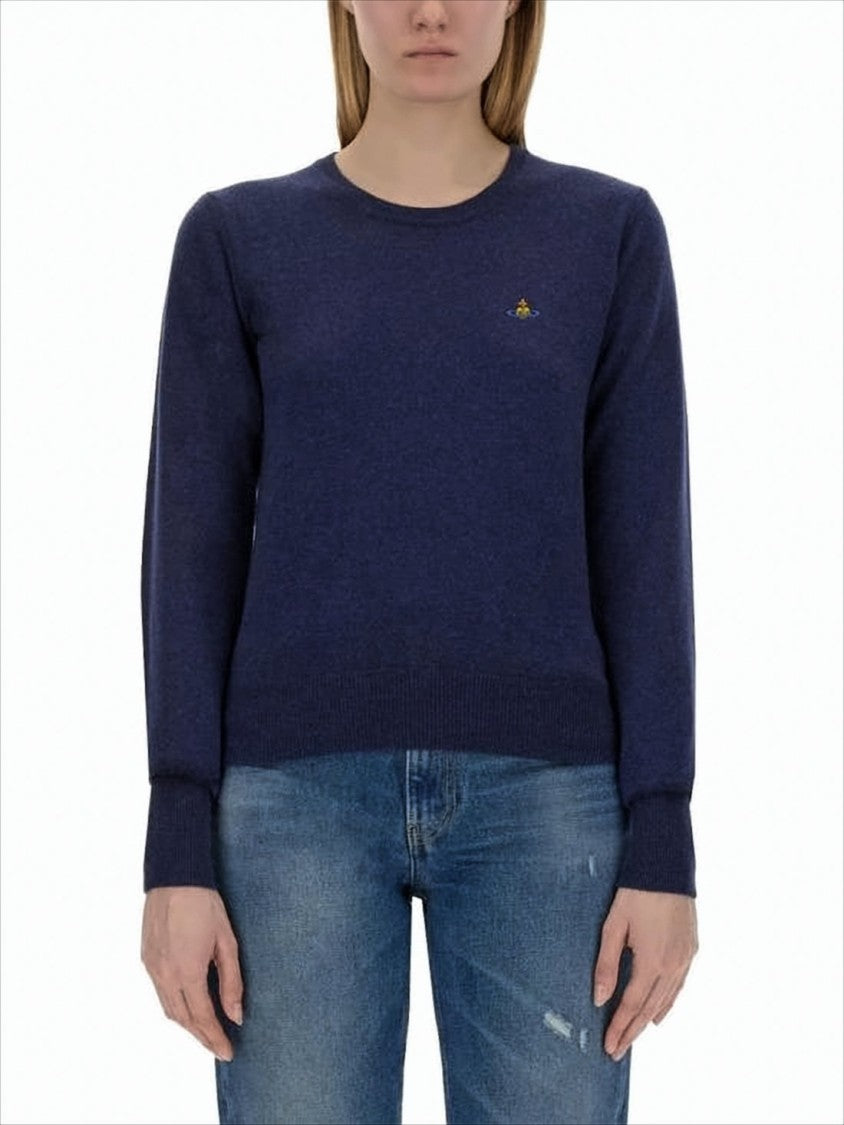Blue Cashmere-Wool Blend Sweater with Ribbed Cuffs