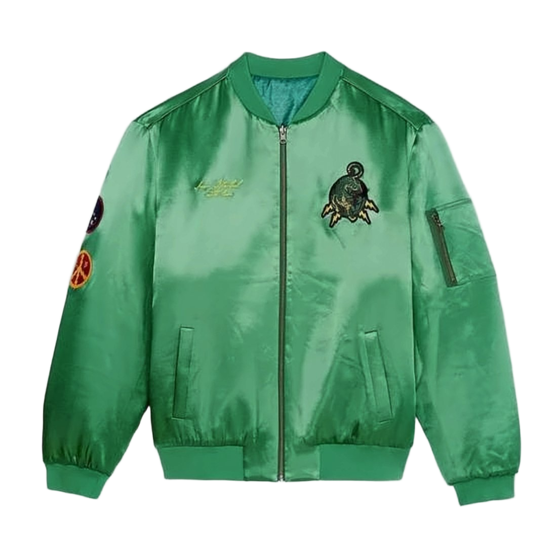 Green Shiny Polyester Bomber Jacket